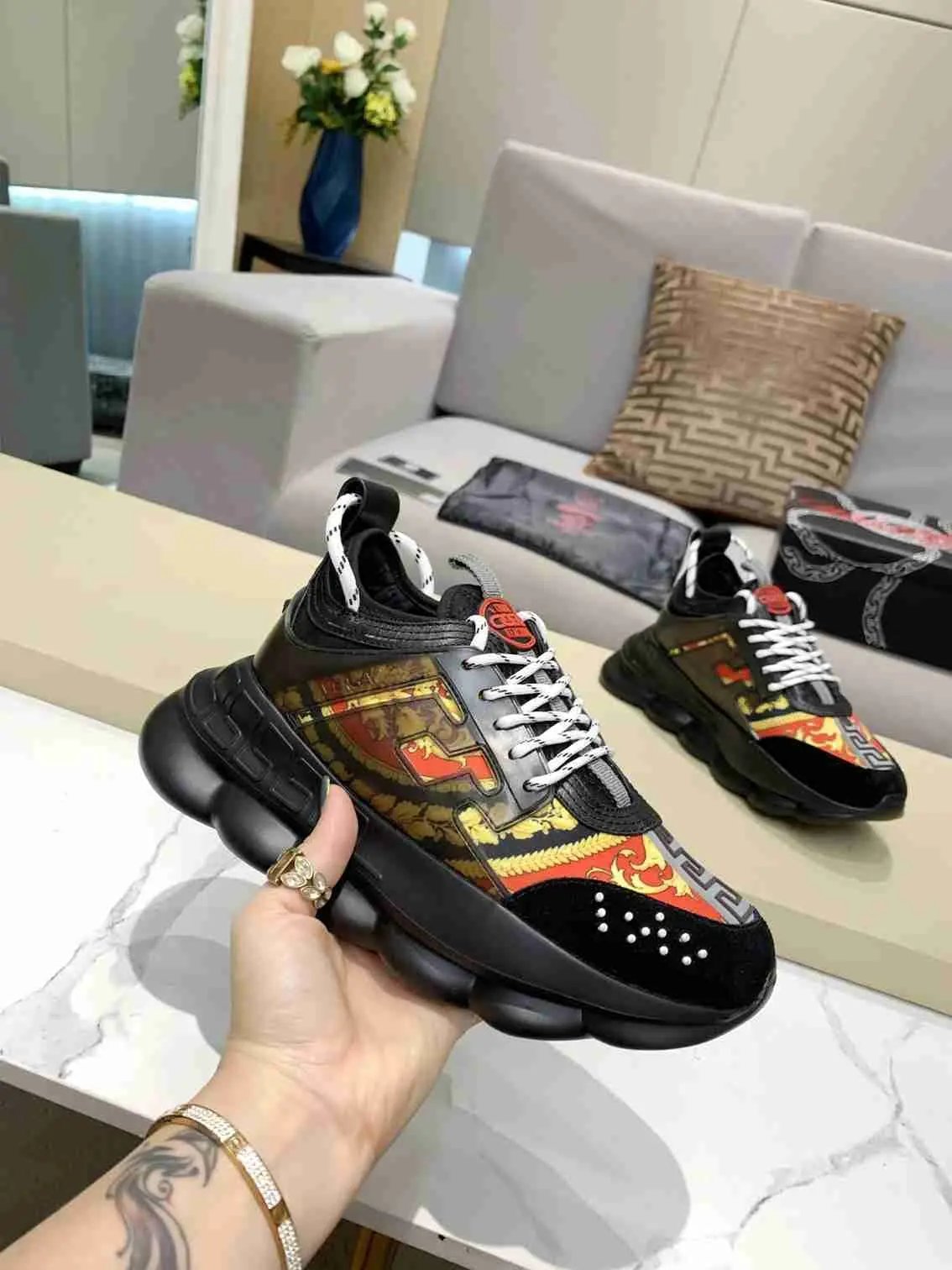 Versace Chain Reaction Balck Gold Red Elephand.shoes