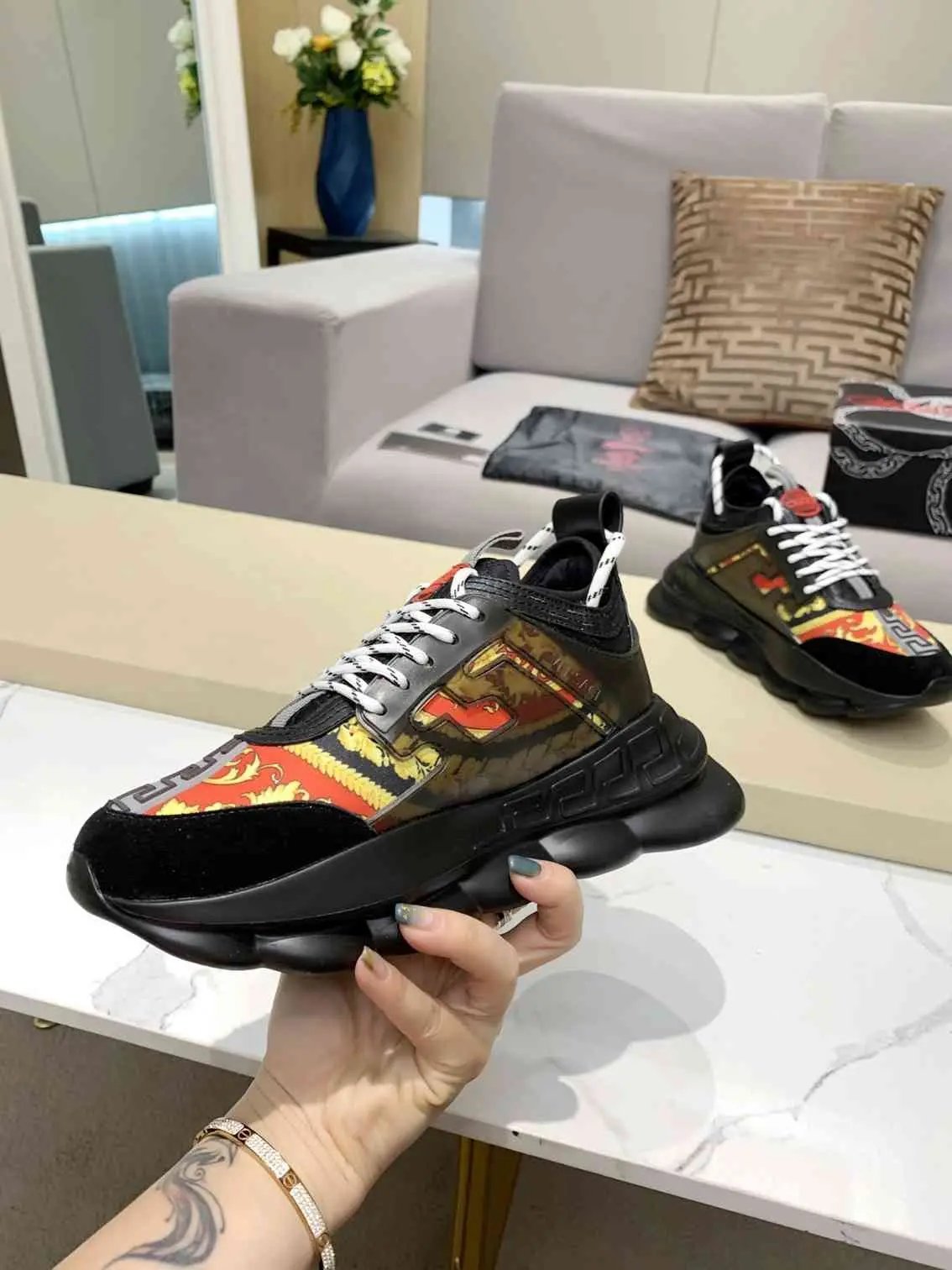 Versace Chain Reaction Balck Gold Red Elephand.shoes